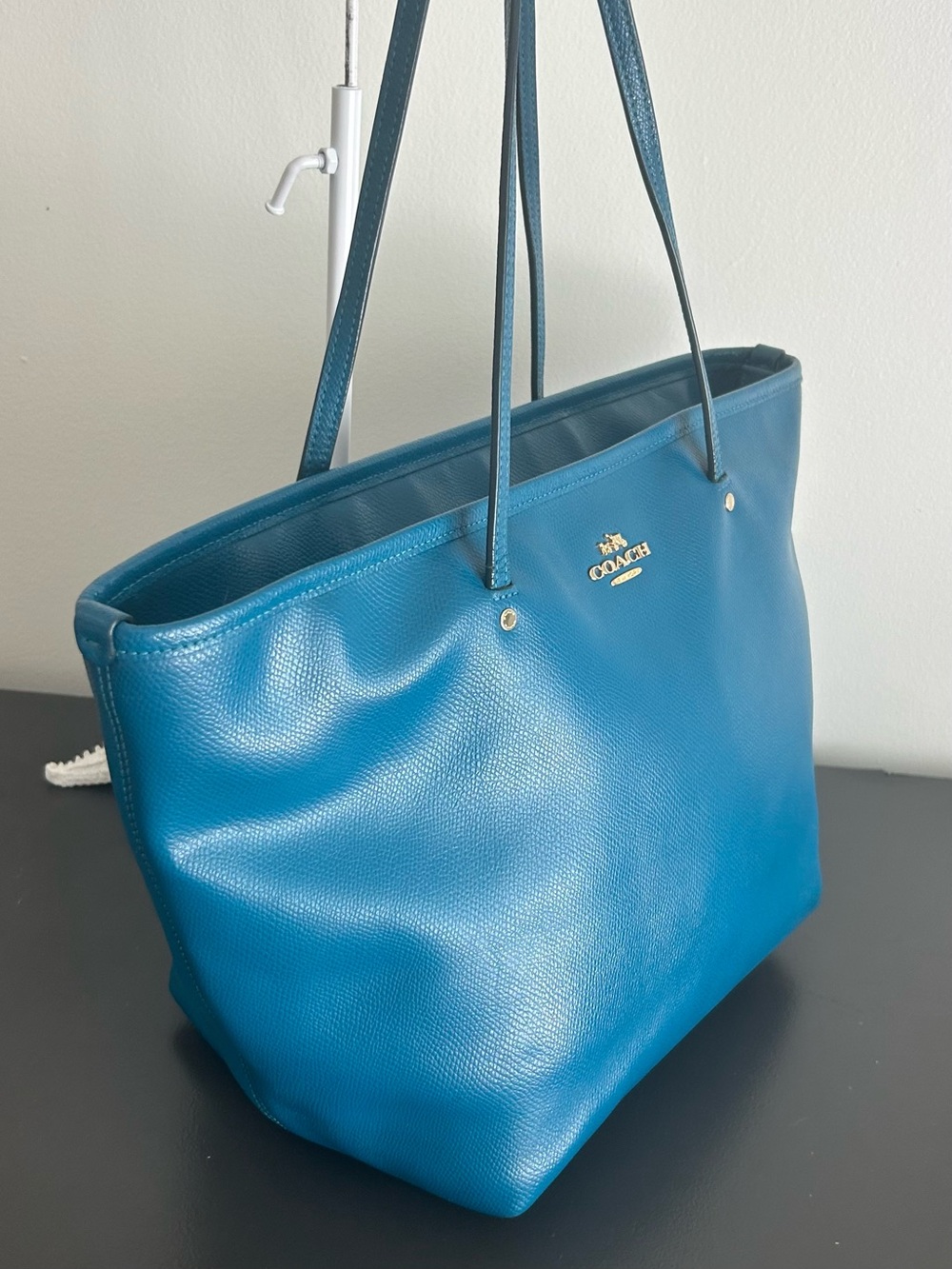 Coach Turquoise Teal Pebbled Leather Tote zip top structured shoulder bag - Picture 5 of 11